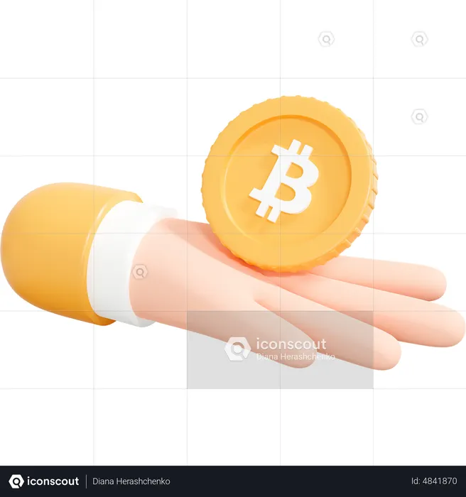 Mão segurando uma moeda Bitcoin dourada  3D Icon