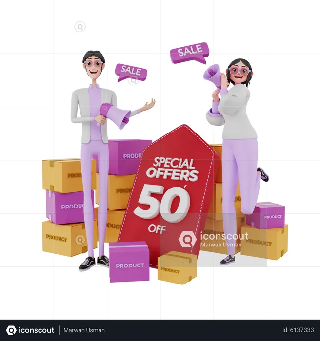 Marketing people announcing product sale  3D Illustration