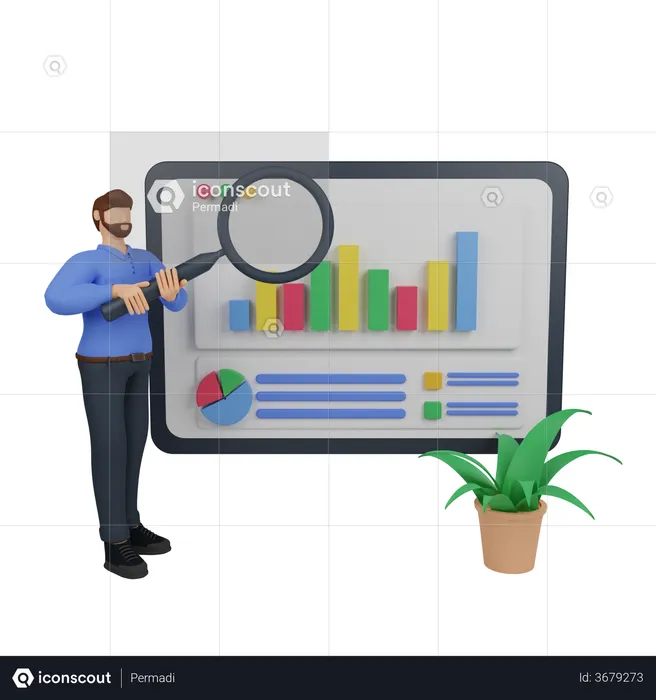 Marketing research with man holding a magnifying glass  3D Illustration