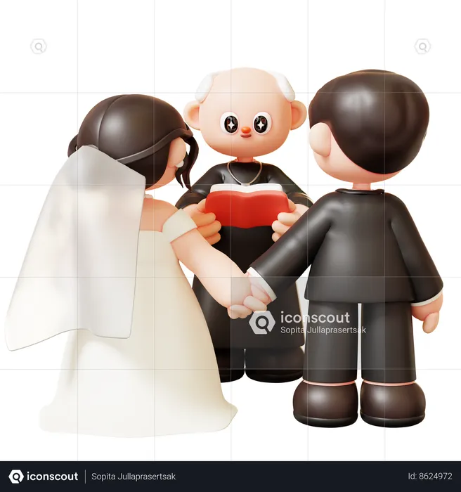 Married Wedding Couple And Priest Holding Bible  3D Illustration