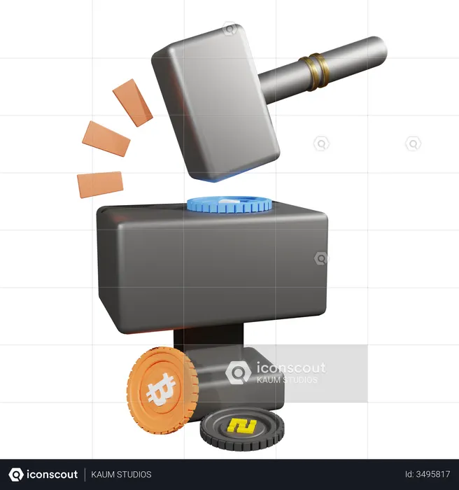 Marteau et enclume frappant la crypto  3D Icon