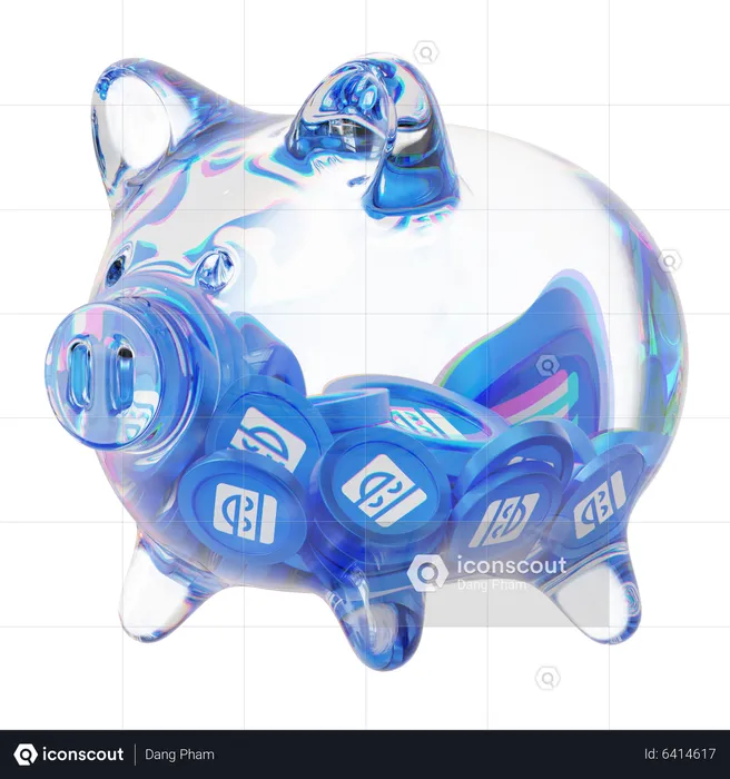 Maskieren Sie ein Sparschwein aus klarem Glas mit abnehmenden Stapeln von Kryptomünzen  3D Icon