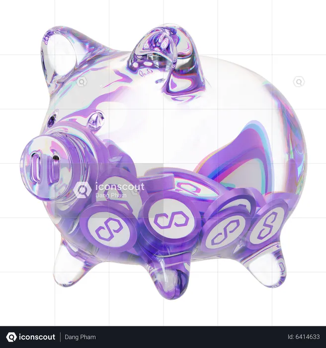 Matic Clear Glass Piggy Bank With Decreasing Piles Of Crypto Coins  3D Icon