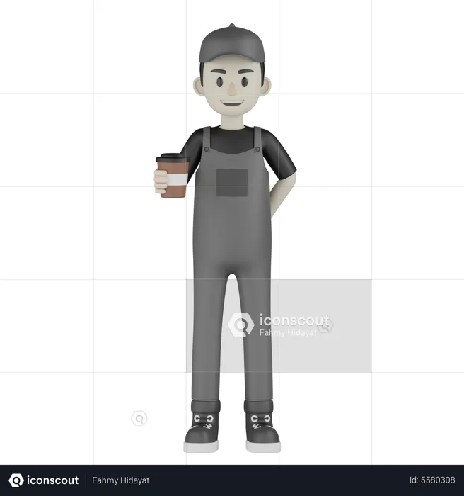 Mechanic Holding Coffee  3D Illustration