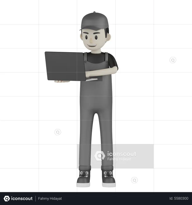 Mechanic Holding Laptop  3D Illustration