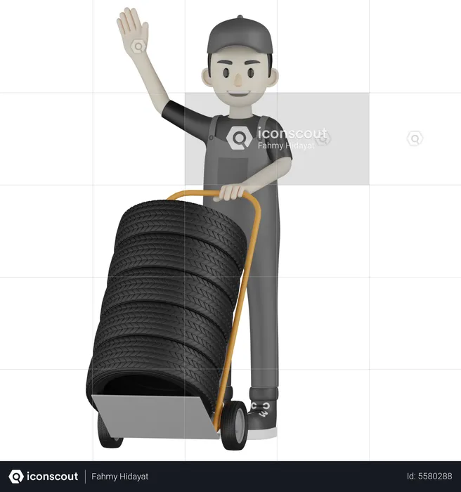 Mechanic Holding Tire Cart  3D Illustration