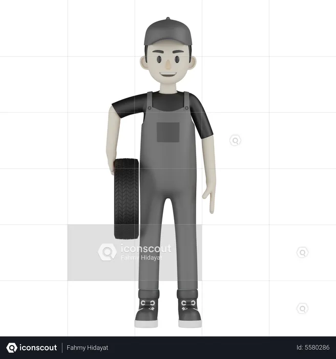 Mechanic Holding Wheel  3D Illustration