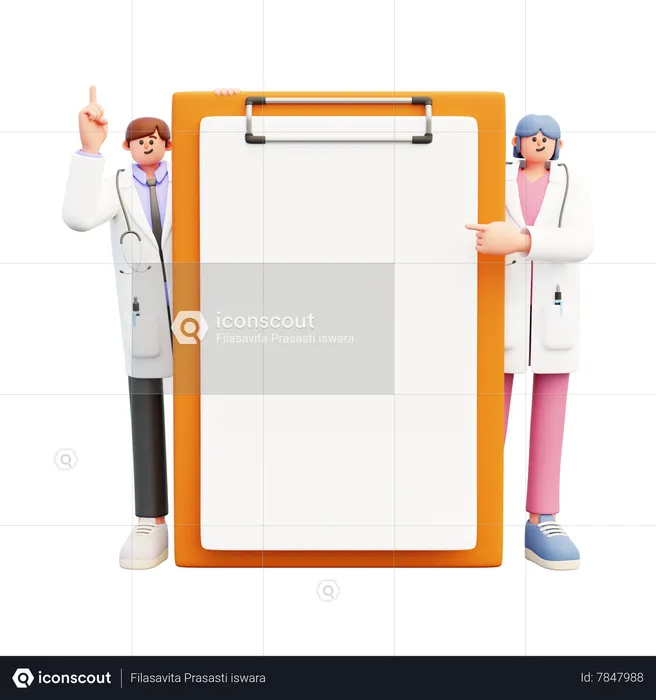 Couple de médecins debout près d'un grand presse-papiers donnant des conseils  3D Illustration