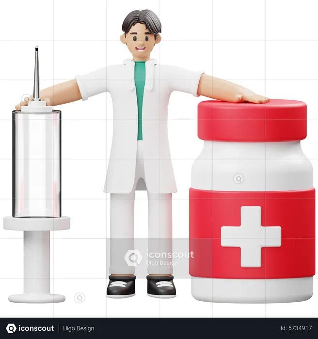 Médecin debout avec injection et flacon de médicament  3D Illustration