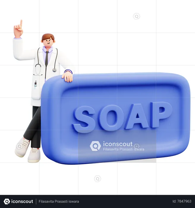 Docteur debout près d'un gros morceau de savon bleu  3D Illustration