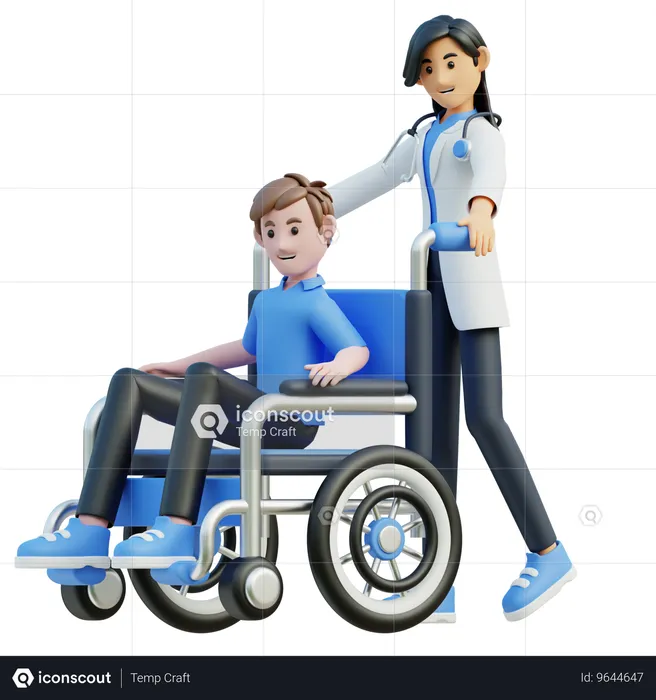 Médica empurrou o paciente para usar uma cadeira de rodas  3D Illustration