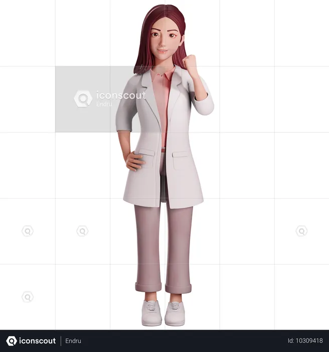 Médica mostrando gesto de punho com a mão esquerda para comemorar  3D Illustration