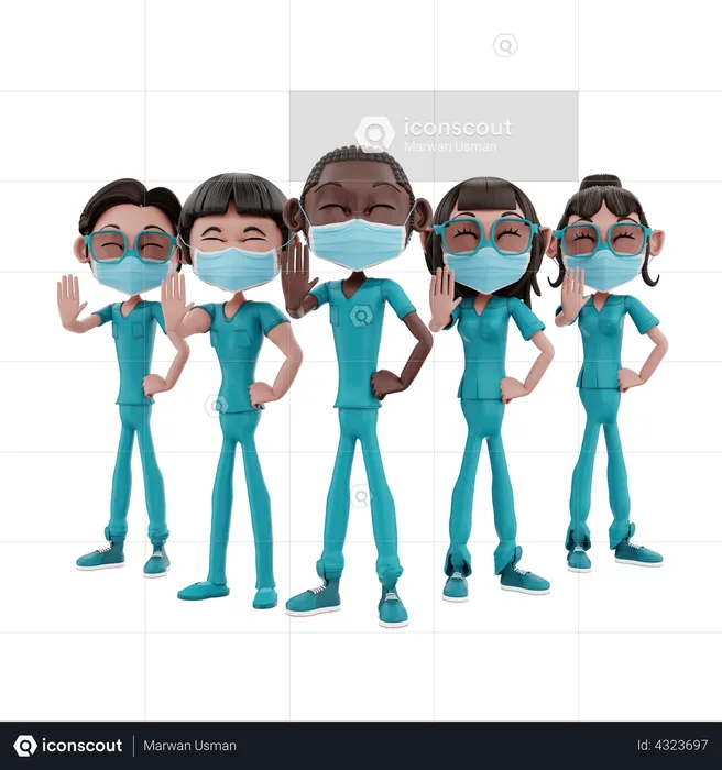 Medical Nurse Team showing stop sign  3D Illustration