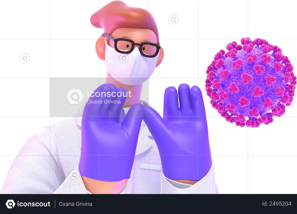 Médico con mascarilla y guantes para protegerse del virus corona  3D Illustration