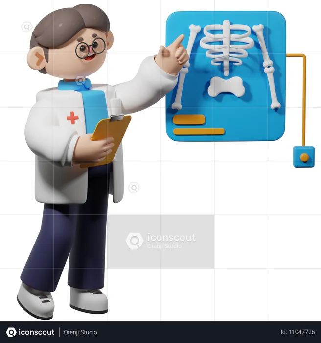 Médico masculino verifica relatório ósseo (raio-X)  3D Illustration