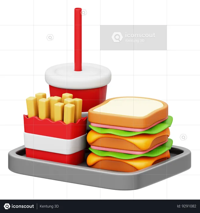 Melt Cheese Overload Sandwich With French Fries and Soft Drink  3D Icon