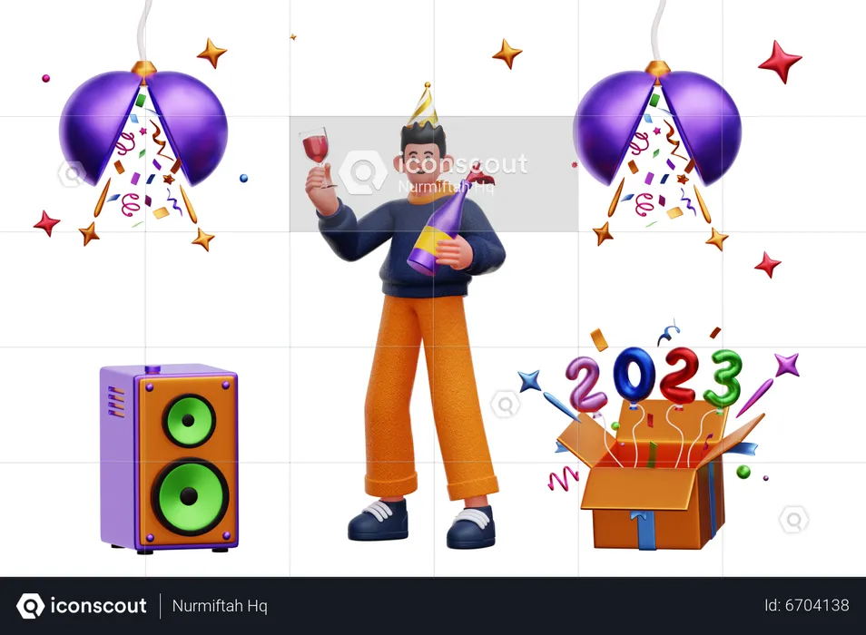 Men Celebrating New Year Party With Champagne  3D Illustration