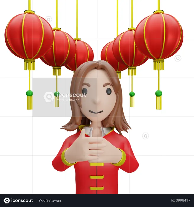 Menina chinesa com lâmpada chinesa  3D Illustration