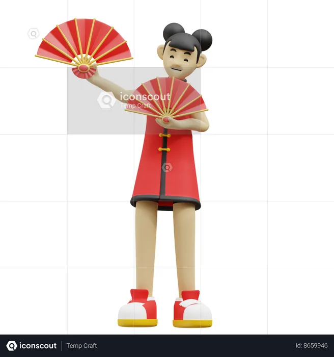 Menina chinesa com leque de mão  3D Illustration