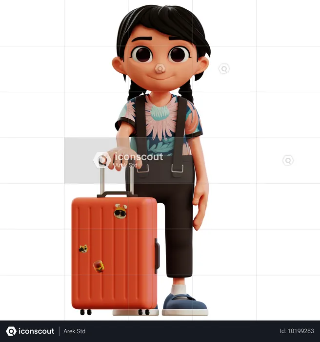 Menina em pé com mala  3D Illustration