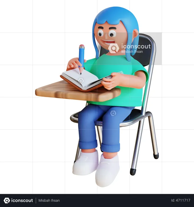 Menina escrevendo no livro e sentada na cadeira  3D Illustration