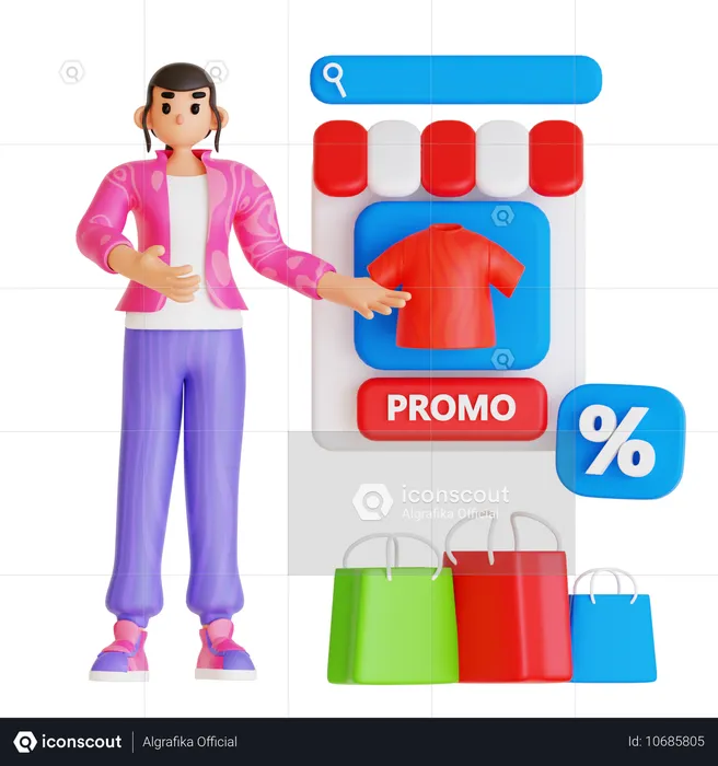 Menina mostrando promoção de venda de compras online  3D Illustration