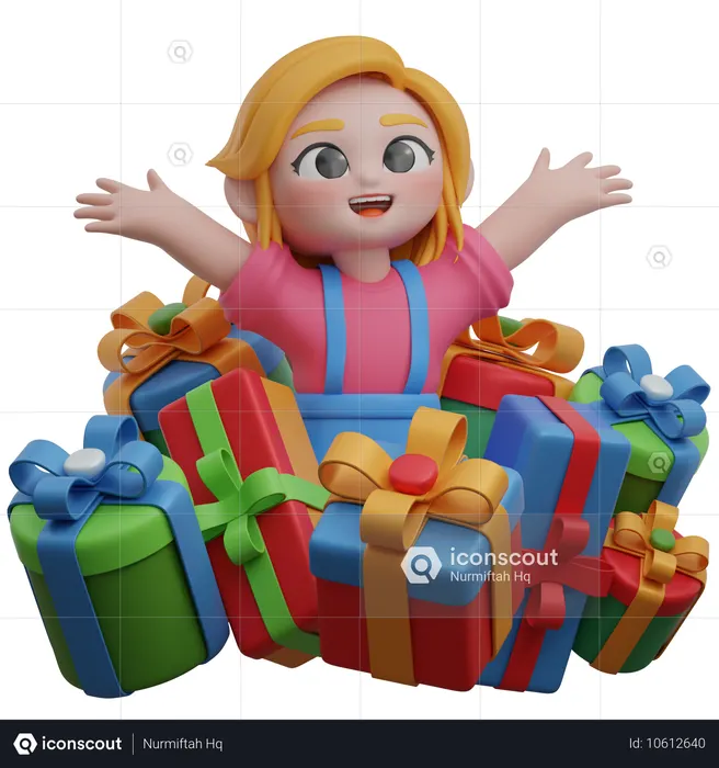 Menina na pilha de presentes  3D Icon
