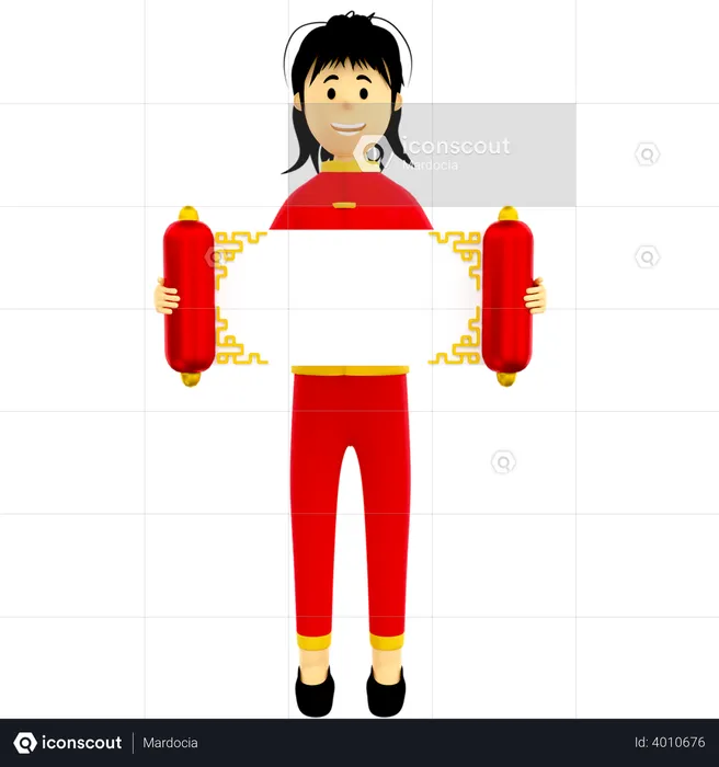 Menina segurando uma carta de rolagem chinesa  3D Illustration