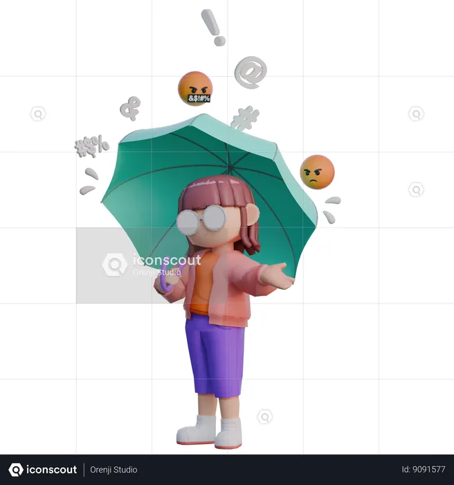 Menina segurando guarda-chuva na chuva  3D Illustration