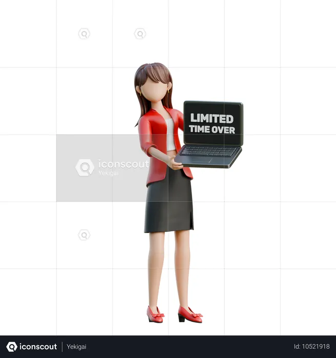 Menina segurando um laptop com oferta por tempo limitado piscando na tela  3D Illustration