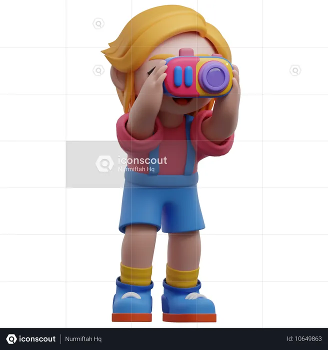Menina tirando fotos com uma câmera  3D Icon