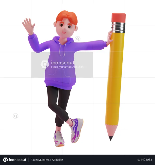 Menino acenando com a mão com lápis  3D Illustration