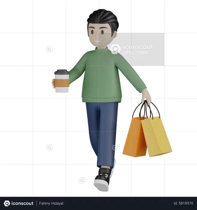 Menino andando e segurando café e sacolas de compras  3D Illustration