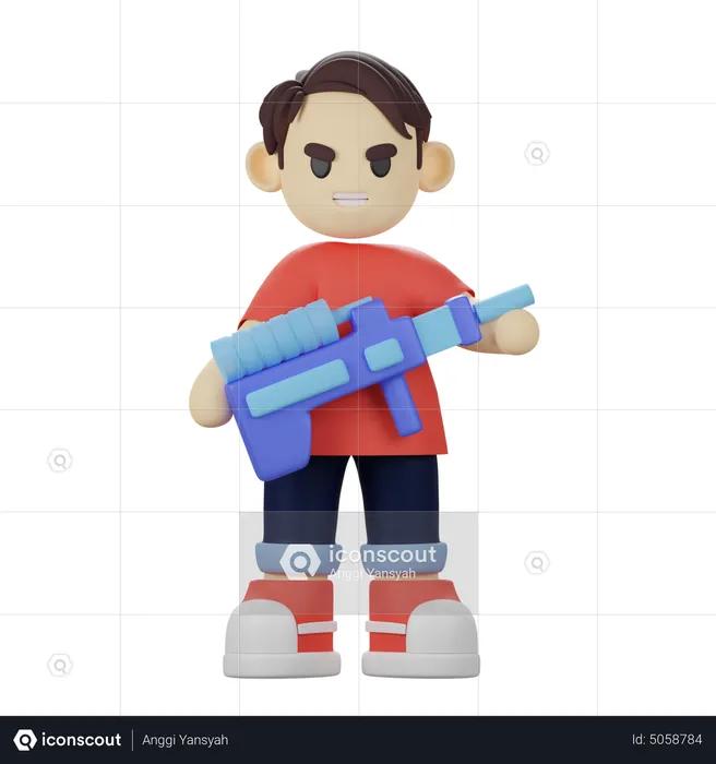 Menino brincando com pistola de água  3D Illustration