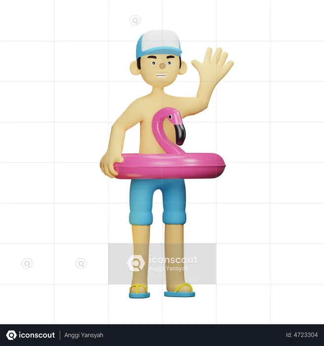 Menino com tubo flutuante Flamingo  3D Illustration