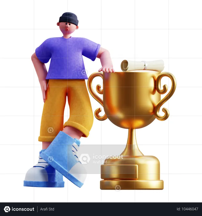 Menino de pé com taça de troféu  3D Illustration