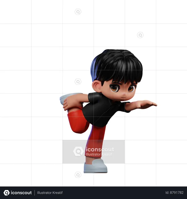 Menino fofo fazendo pose de uma perna em pé  3D Illustration