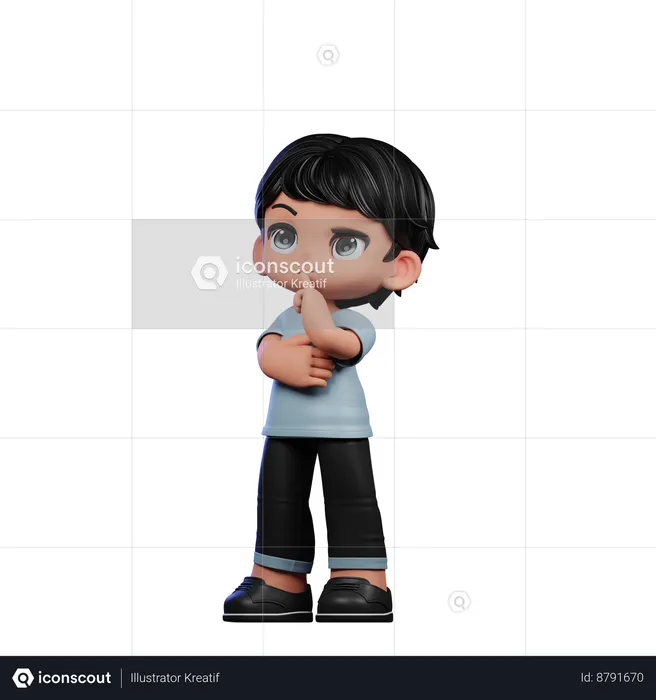 Garoto fofo fazendo pose para pensar profundamente  3D Illustration