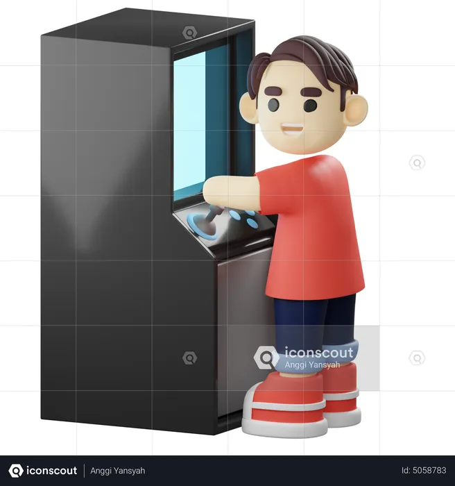 Menino joga jogo na máquina de arcade retrô  3D Illustration