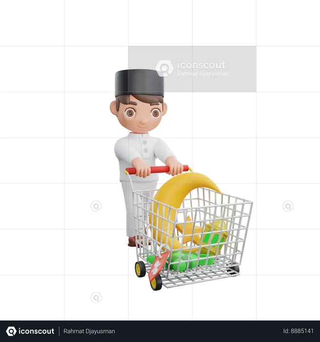 Menino muçulmano com carrinho de compras  3D Illustration