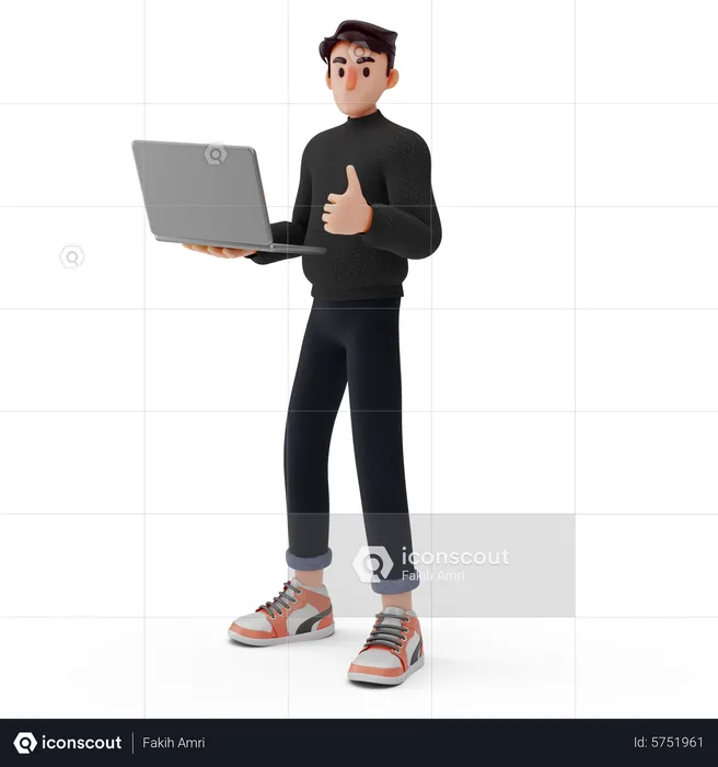 Menino segurando laptop e mostrando o polegar  3D Illustration