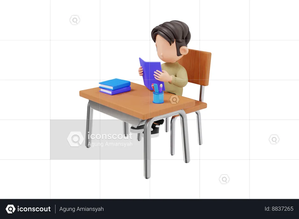 Menino sentado na cadeira da escola e lendo um livro  3D Icon