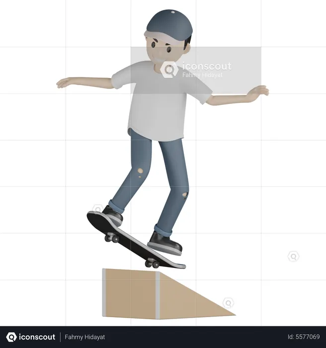 Menino andando de skate na rampa  3D Illustration