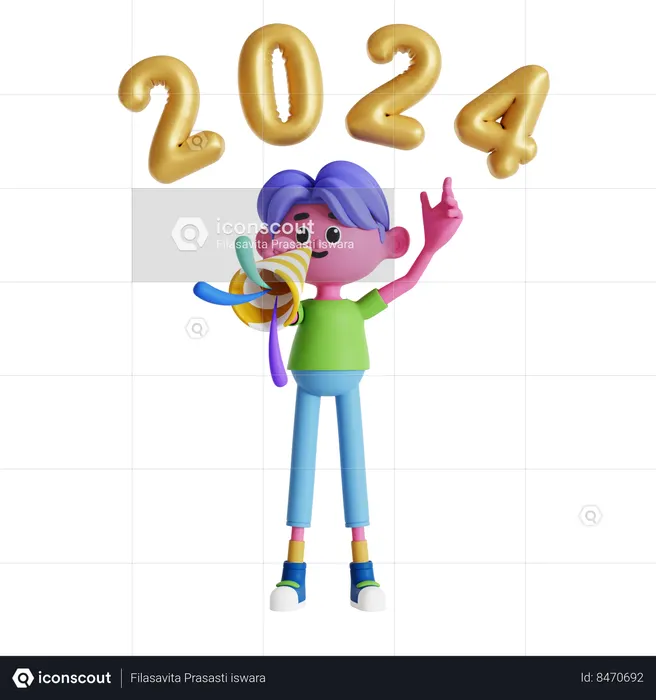 Menino tocando trompete na festa de ano novo  3D Illustration