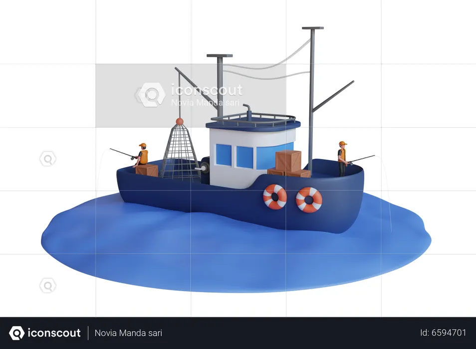 Meninos pescando no barco  3D Illustration