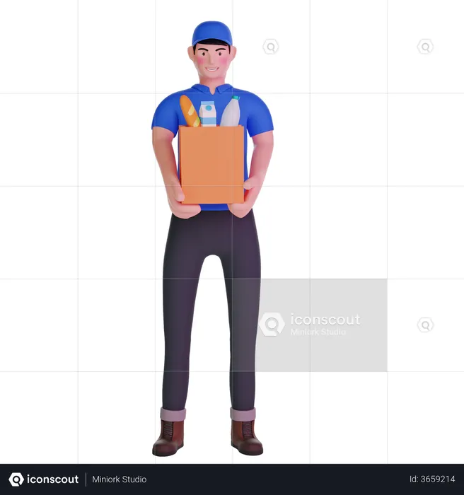 Mensajero de entrega de comestibles en uniforme con bolsa de supermercado  3D Illustration