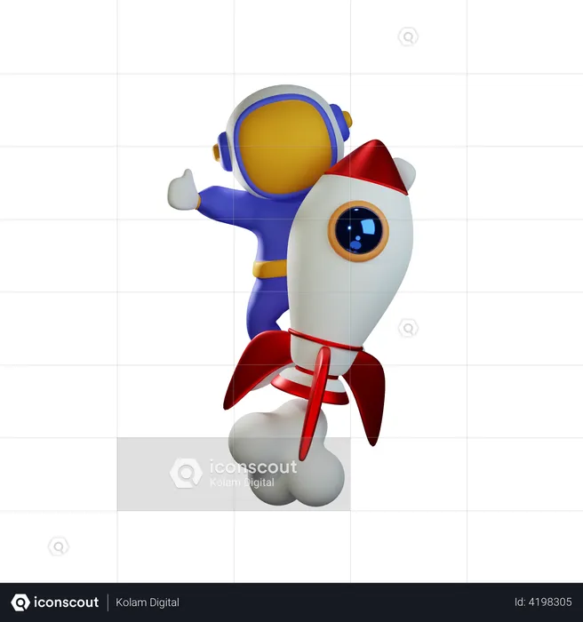 Astronaute mignon chevauchant une fusée  3D Illustration