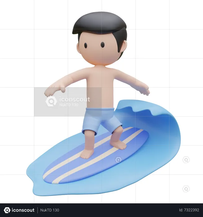 Garçon mignon surfant sur une planche de surf sur la mer en été  3D Illustration