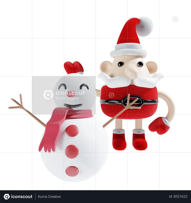 Joli père Noël avec bonhomme de neige  3D Illustration