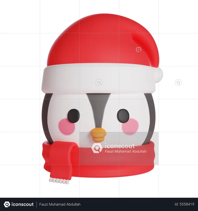 Pingouin mignon portant un chapeau et une écharpe de Noël  3D Icon